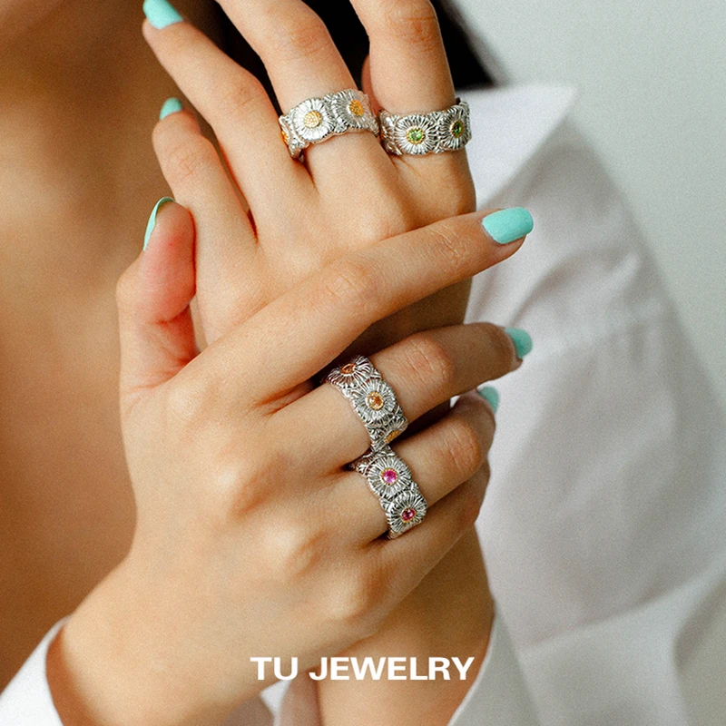 Daisy Bloom Open-Access Ring  Niche Design Wide-Band Sterling Silver Zircon Ring