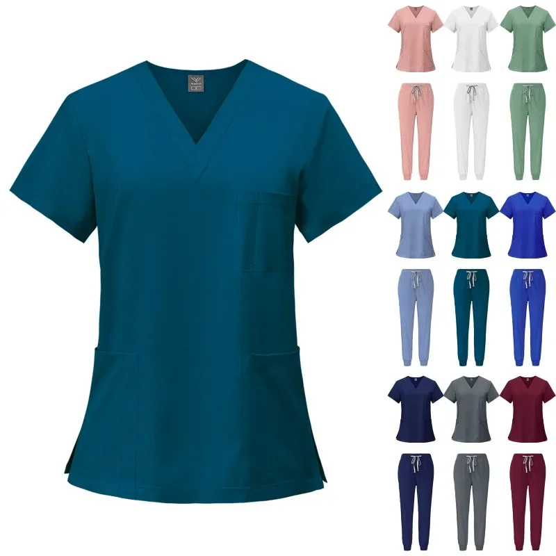 Tute da jogging multicolori Uniformi da medico infermieristico Manica corta Scollo a V Top Pantaloni da tasca Infermiera Scrub Set Abbigliamento clinico medico