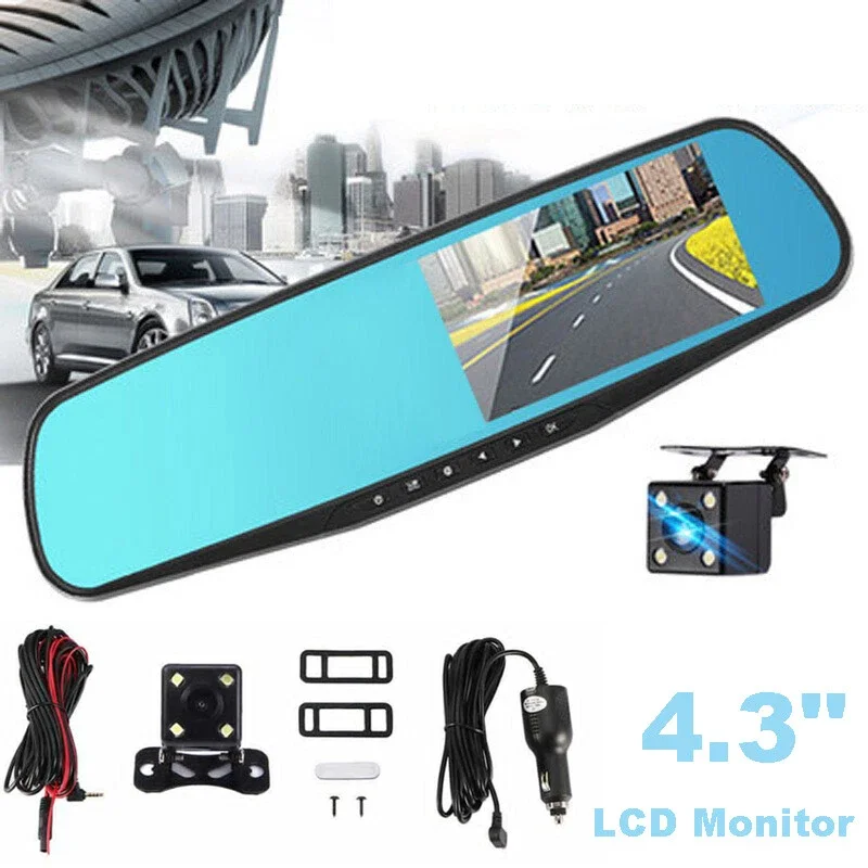 

Car Interior Rear View Mirror 4.3 Inches Dual Lens Dash Cam LCD Monitor For Backup Camera OEM Replacement Car Accessories