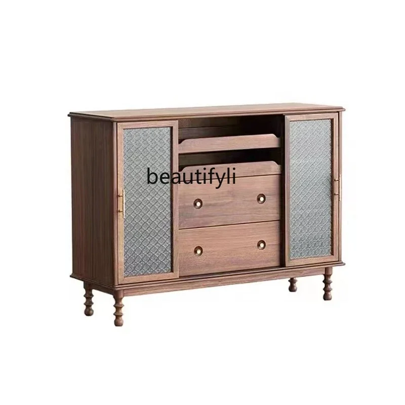 

x11Black Walnut Solid Wood Sideboard Living Room Storage Cabinet Simple American Retro Wine Cabinet Home