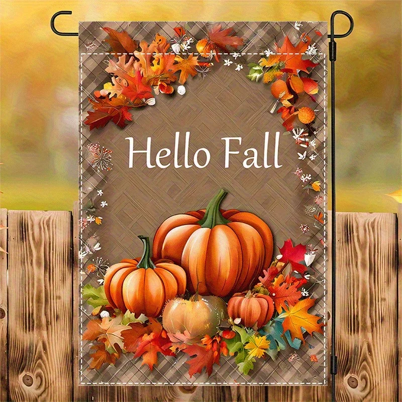 

2D Flat, 2D Door Banner, Autumn Pumpkin and Maple Leaf Garden Flag- Double-Sided Polyester Outdoor Decoration, Featuring Autumn Leaves, Pumpkins, and Floral Accents- 12x18inch Country Style Courtyard Entrance Lawn Banner