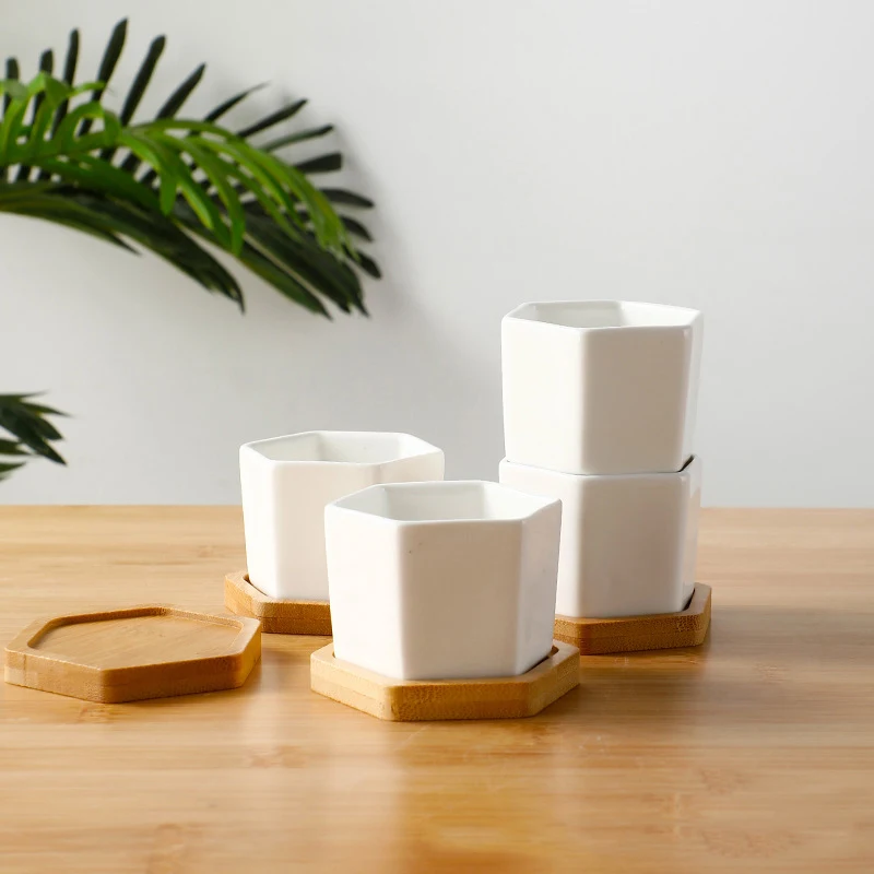 Ceramic Flowerpot White Hexagon Ceramic Pot With Tray European Flowerpot Simple  Plant Container Small Bonsai Pots