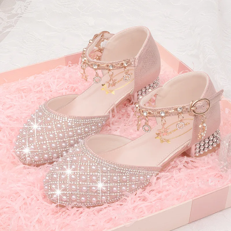 Girls High Heel Kids Sandals Pearl Teen Students Princess Crystal Party Performance Shoes Children Wedding Formal Dance Footwear