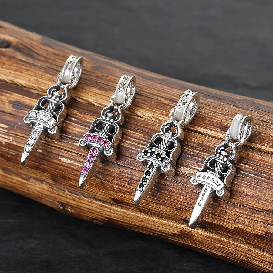 Mini sword small pendant female 925 sterling silver diamond color pink diamond sword clavicle chain pendant punk