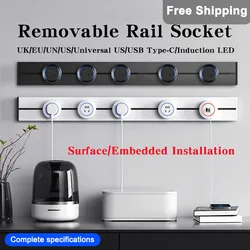 Removable Power Track Rail Socket UK/EU/UN/US/Universal US/USB Type-C Wall Mounted/Embedded Socket Kitchen Bathroom Socket