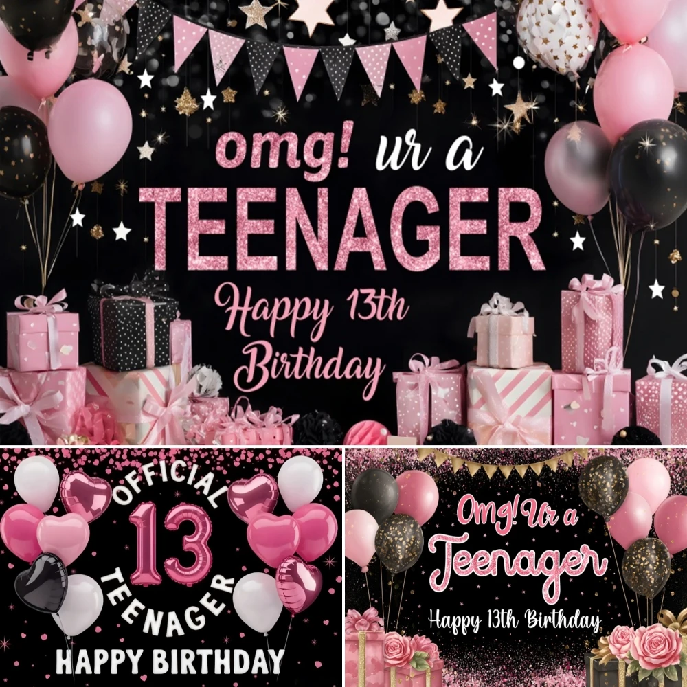 

Girl 13th Birthday Backdrop Teenager Sign Sparkling Balloon Crown Gift Kid baptism Portrait Party Decor PhotographyBackground