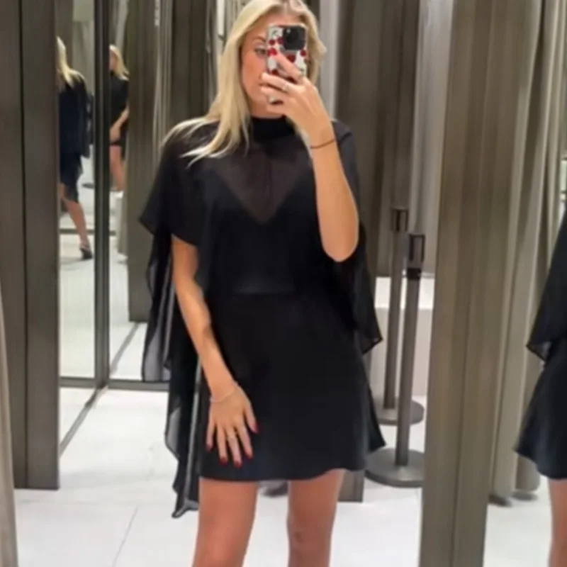 HXAO 2026 Asymmetrisches schwarzes Kleid für Damen, Cape-Stil, kurze Kleider, sexy, halbtransparente Nachtkleider für Damen, Tüll, Satin, Damenkleider