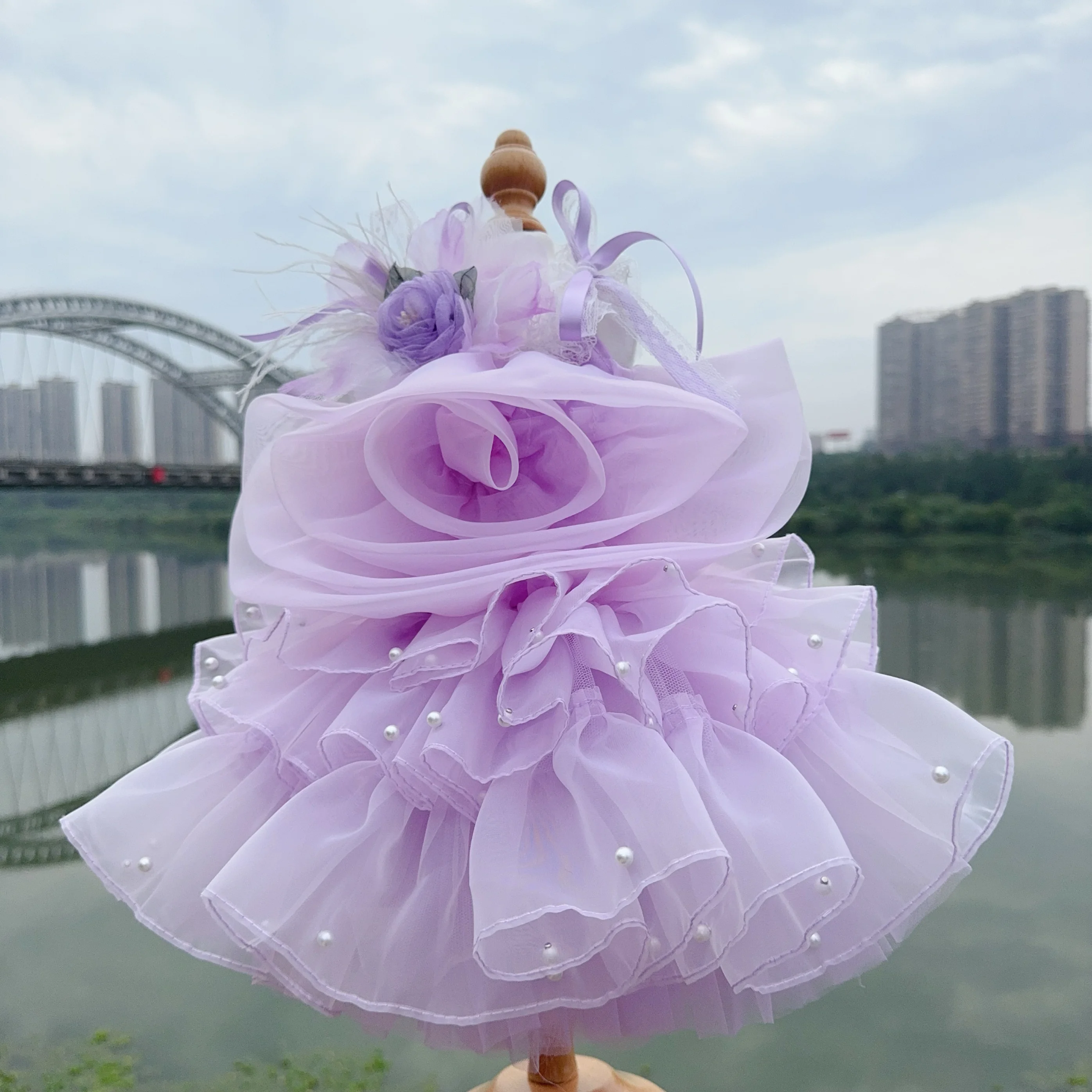 High-end Luxury Pet Dog Cats Clothes Fashion Handmade Violet Flowers Long Tail Party Princess Dress For Small Medium Dog Poodle