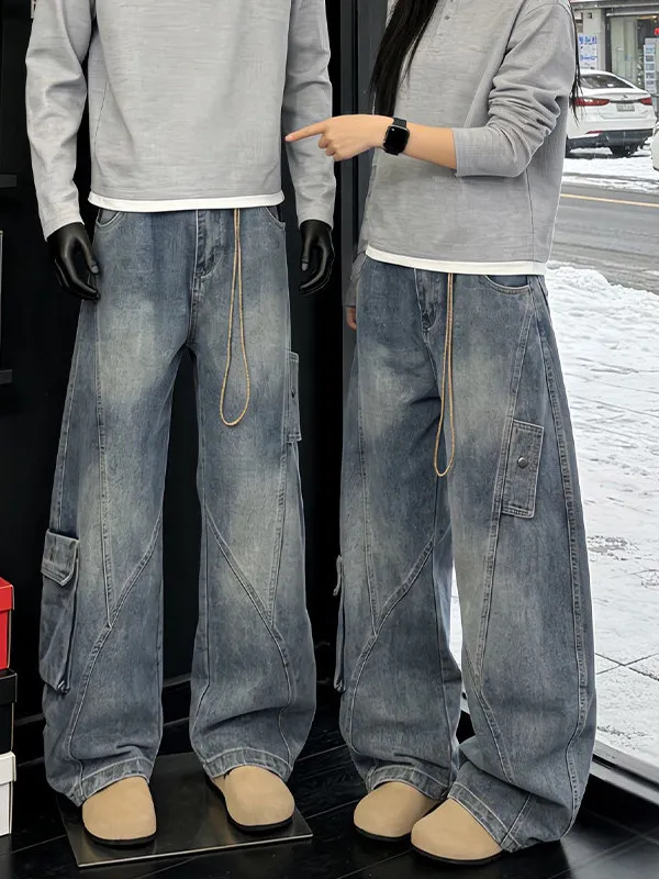 

Retro Blue Deconstructed Wide Leg Jeans Men's Design Sense Patchwork Knife Loose Micro Flared Straight Leg Pants