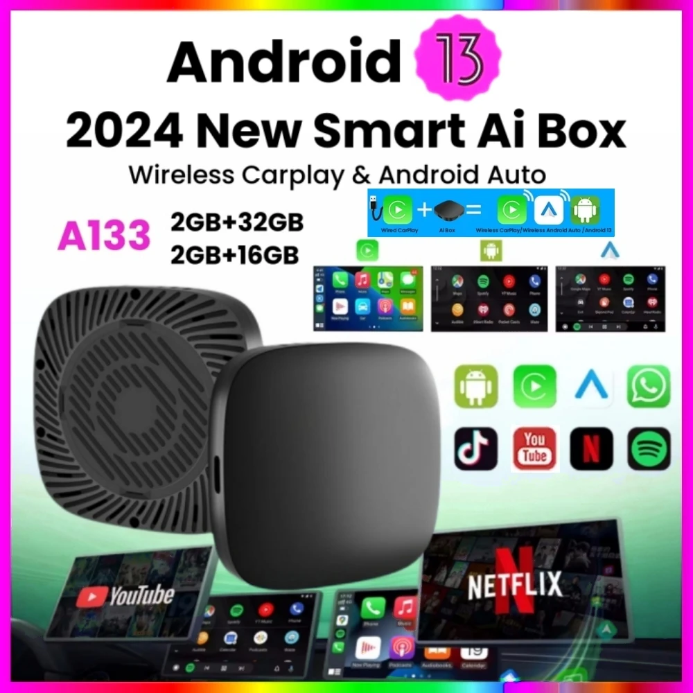 Carplay AI Box Android 13 Wireless Android Auto Smart TV Box Per Youtube Netflix Toyota Mazda Hyundai Haval GMC Ford MG VW Kia