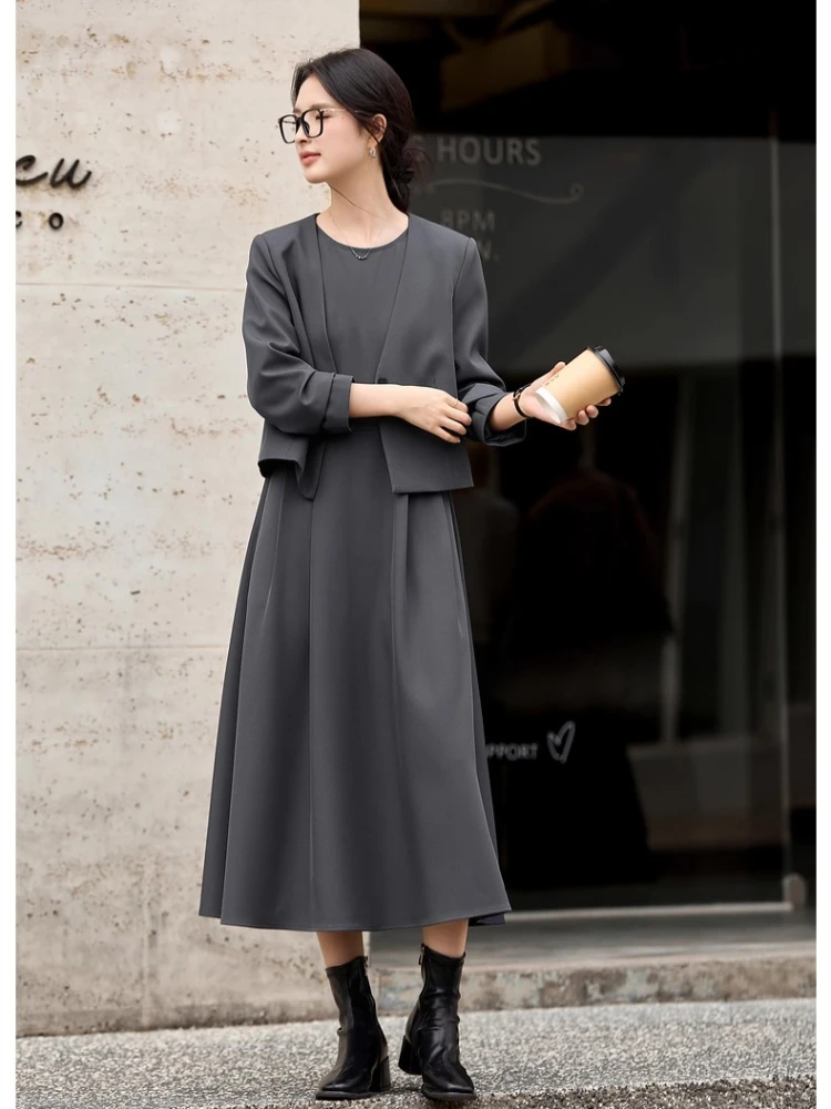 Vimly feminino outono duas peças vestido conjunto usar para trabalhar cinza em torno do pescoço sem mangas vestido longo com decote em v casacos curtos vestido conjunto a3031