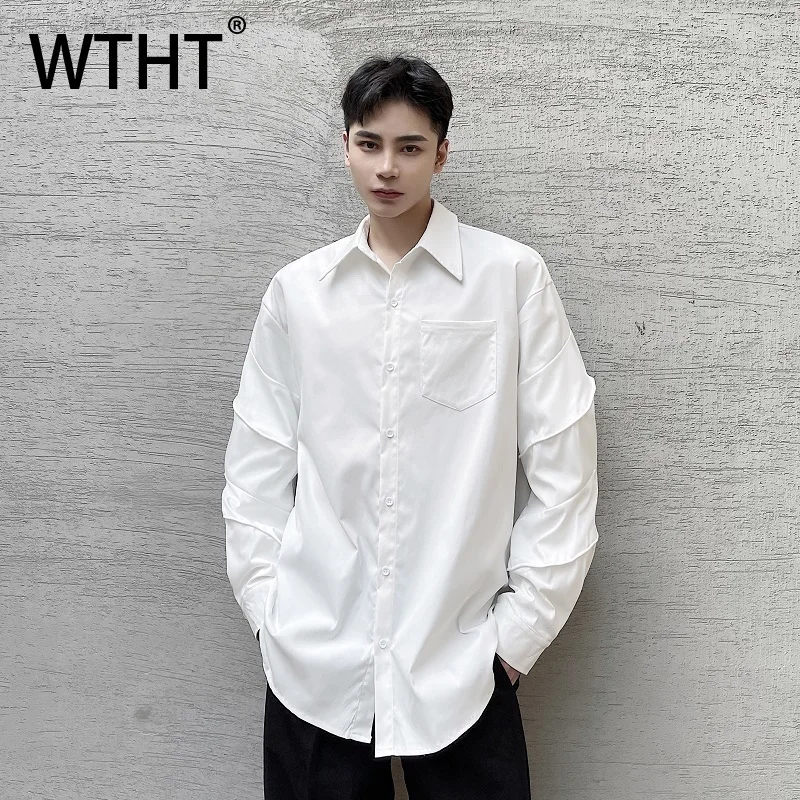 

WTHT модные мужские однотонные плиссированные дизайнерские рубашки с карманами, модные топы с отложным воротником в американском стиле, мужские осень 2023, 2A2107
