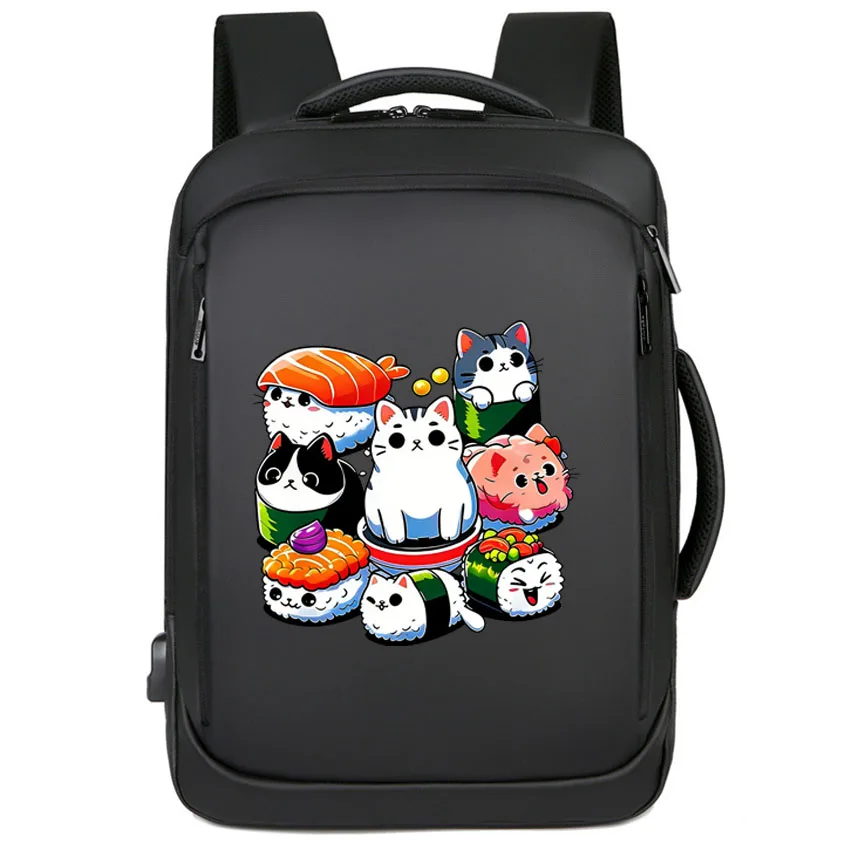 

Men's Laptop Backpack Women's School Backpack Male Travel Bag Adorable Cat Sushi Cartoon Printed Boy Girl USB Charging Rucksack