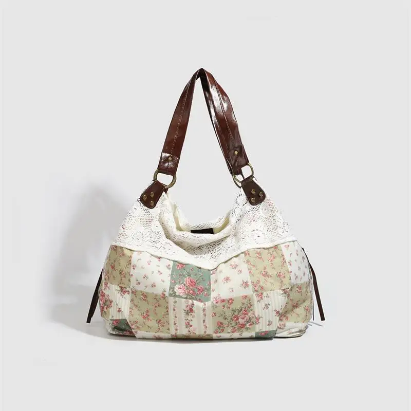 Bohemian Shoulder Bag,Mori Girl Fairycore Women Ditsy Floral Patchwork Handbag With Lace Trim,Vintage Travel Commuter Tote Bag