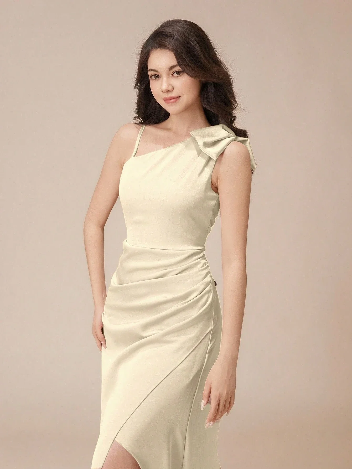 

One Shoulder Bow Pleated Slit Long Dress For Women Formal Evening Gown