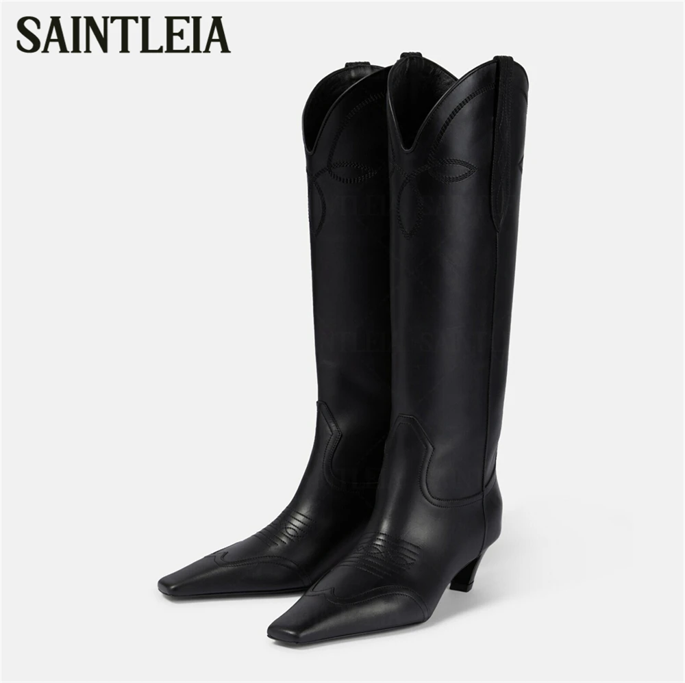 

Embroidered Pull Straps Knee High Boots Square Toe Thick Kitten Heel Leather Boots Classic Designer Women's Western Cowboy Boots
