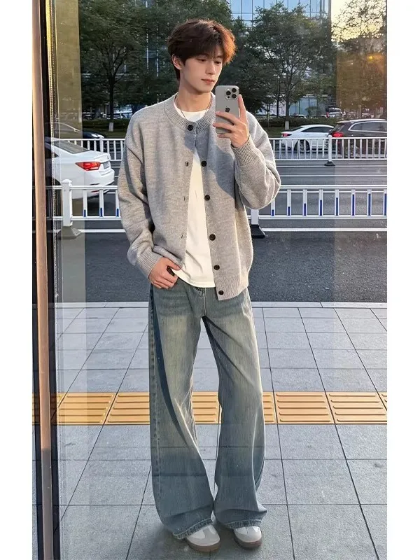 

Cleanfit Light ey Knitted Casual Loose Korean Sle Men's Spring Outerwear Comfortable Soft Button up ort Sve Sweater