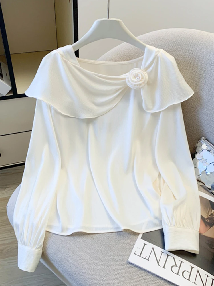 

Faionable 3D Flower Long Sve Chiffon irt Women's Spring Clothing 2026 Loose Slimming Ladies Top Commute Sle round Ne