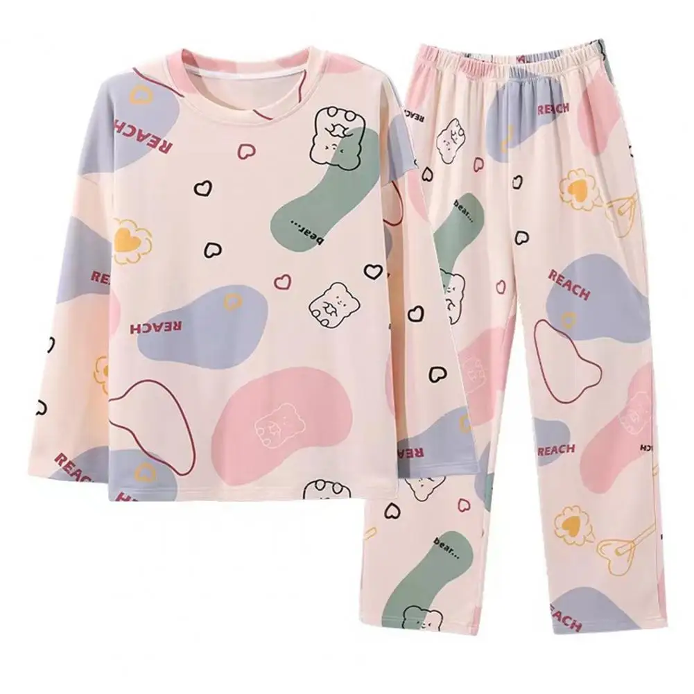 2Pcs/Set O-Neck Long Sleeve Mid-Rise Elastic Waistband Loose Pajamas Set Girls Cartoon Print Pullover Blouse Long Pants Set