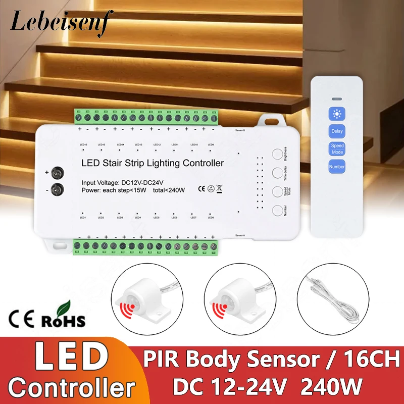 16 Step Tread Lamps LED Stair Strip Lighting Controller DC 12V 24V 10A 240W PIR Infrared Motion Sensor RF Wireless Dimmer Remote