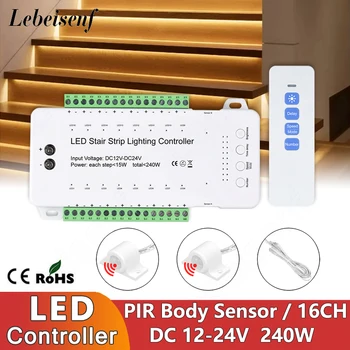 16 Steps LED Stair Strip Lighting Controller DC 12V 24V 10A 240W PIR Infrared Motion Sensor RF Wireless Dimmer Remote
