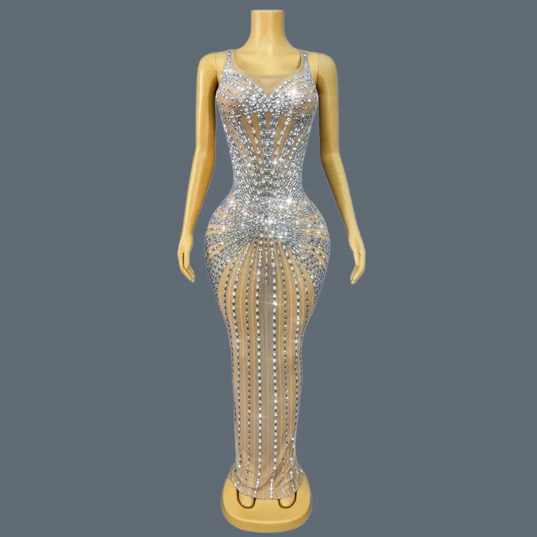 

Women Luxury Sexy Shiny Sparkly Rhinestones Mesh Split Elastic Long Dress Elegant Party Birthday Prom Gown Stage Wear Penquan