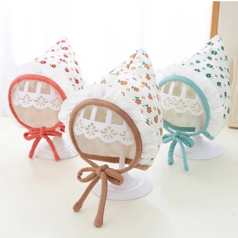 

5 Colors Spring Autumn Baby Girls Cute Floral Bonnet Hats Kids Lace Hem Skull Cap Infant Cotton Headwear Caps 1-12M