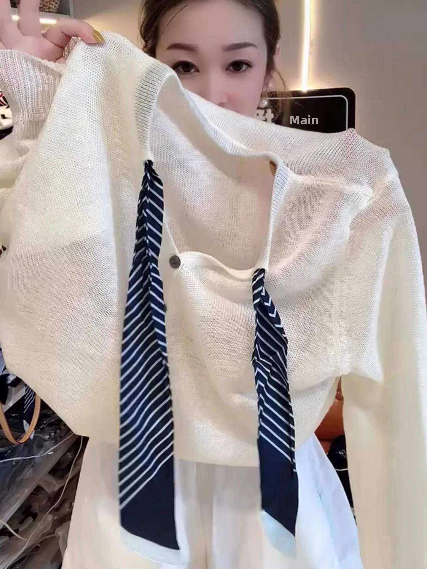 

Casual Style Ice Silk V-Neck Scarf Long Sleeve Knitted Sweater Lightweight Summer Soft Versatile Loose Fit Ladies Fashion