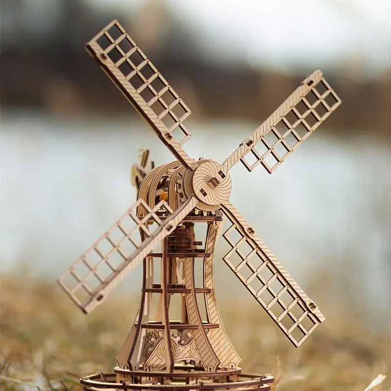 DIY Wooden Windmill Model Kit Hand-Painted Creative Dutch Style Ornament Toy for Assembly Foreign Construction Theme