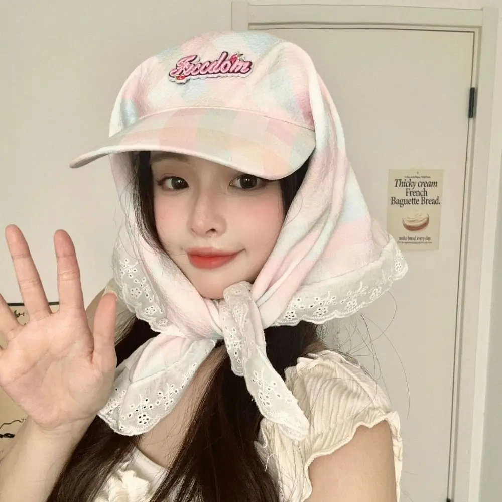 

Simple Korean Style Plaid Baseball Cap Embroidery Cotton Strappy Bandana Hat Sun Hat Peaked Cap Letter Headscarf Hat Beach