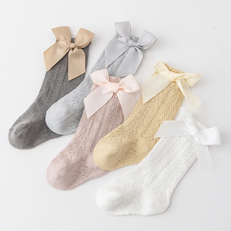 Newborn Baby Girls Long-tube Socks Solid Color Cute Bowknot Princess Style Mesh Stockings Kids Casual Breathable Socks For 0-3Y