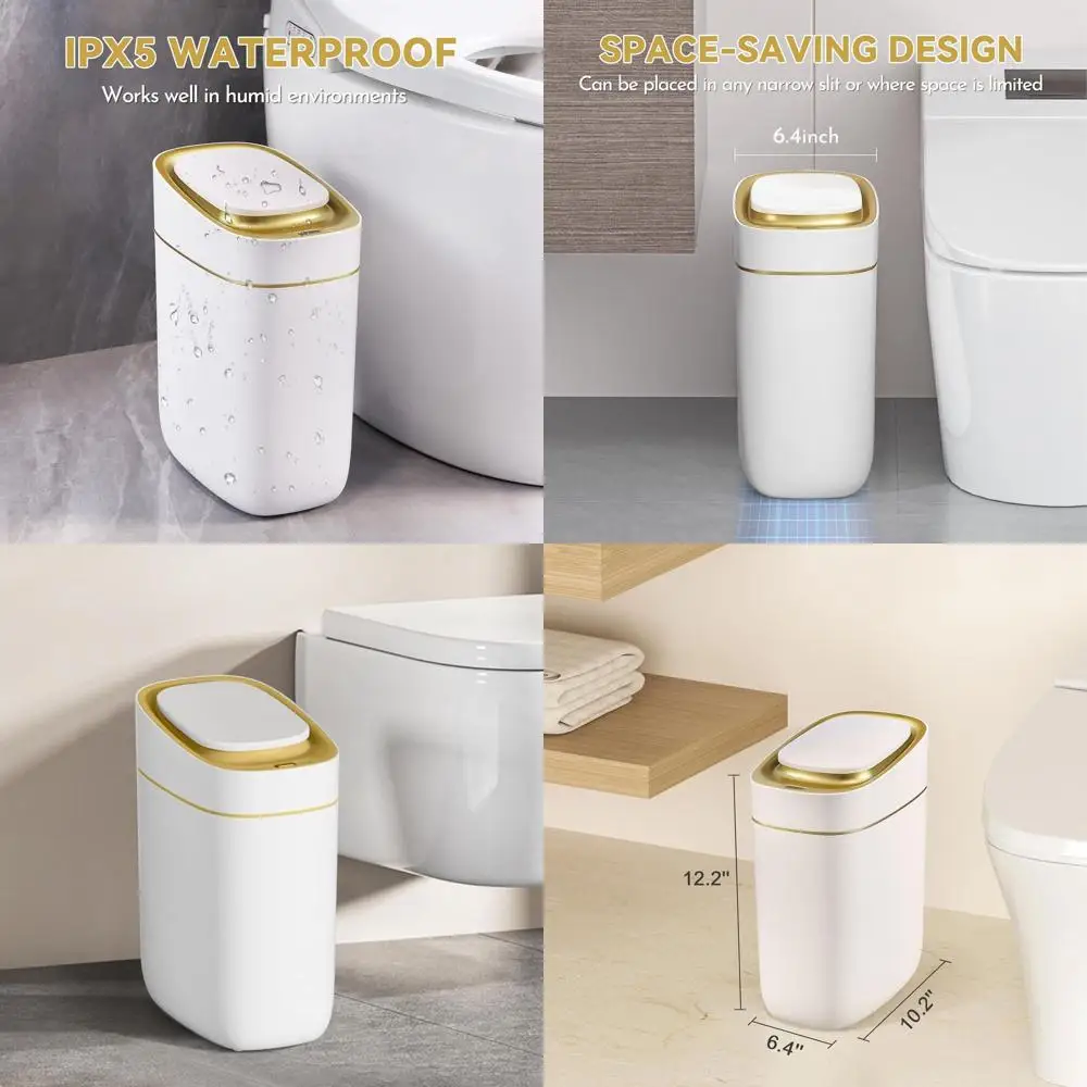 

Slim 9L Motion-Sensor Trash Can with Lid, Waterproof, 2.5 Gallon, Golden for Compact Spaces