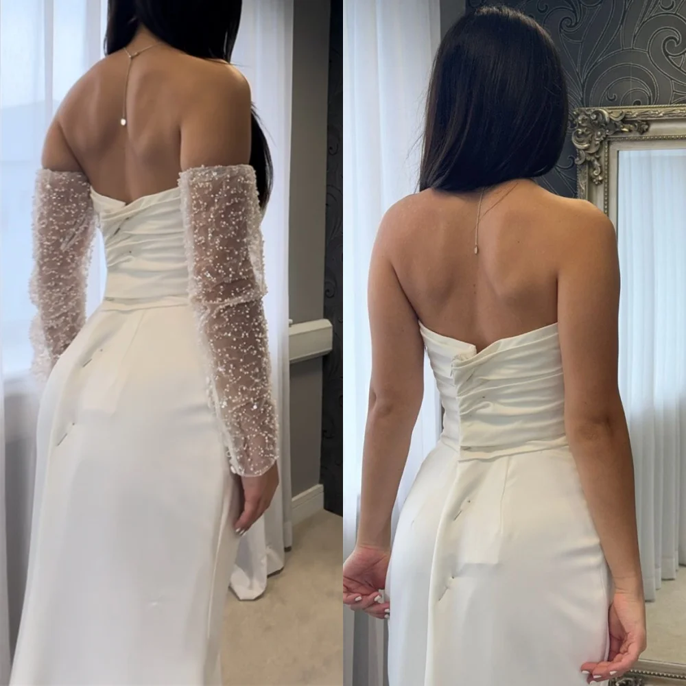 Vestidos de novia de Jersey blanco personalizados, vestidos de novia de sirena de manga larga desmontables sin tirantes simples, vestido de tren de barrido