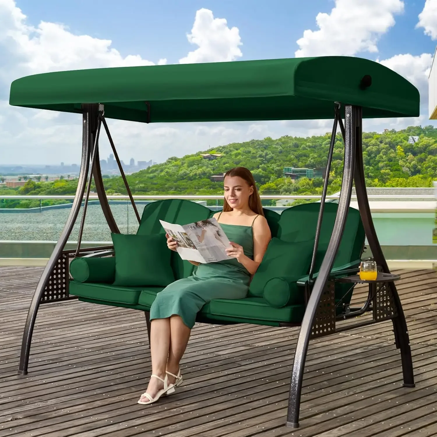 

3 in 1 Outdoor Porch Swing with Adjustable Canopy, 3 Seat Outdoor Swing for Adults, Patio Swing Chair with Thickened Cushions