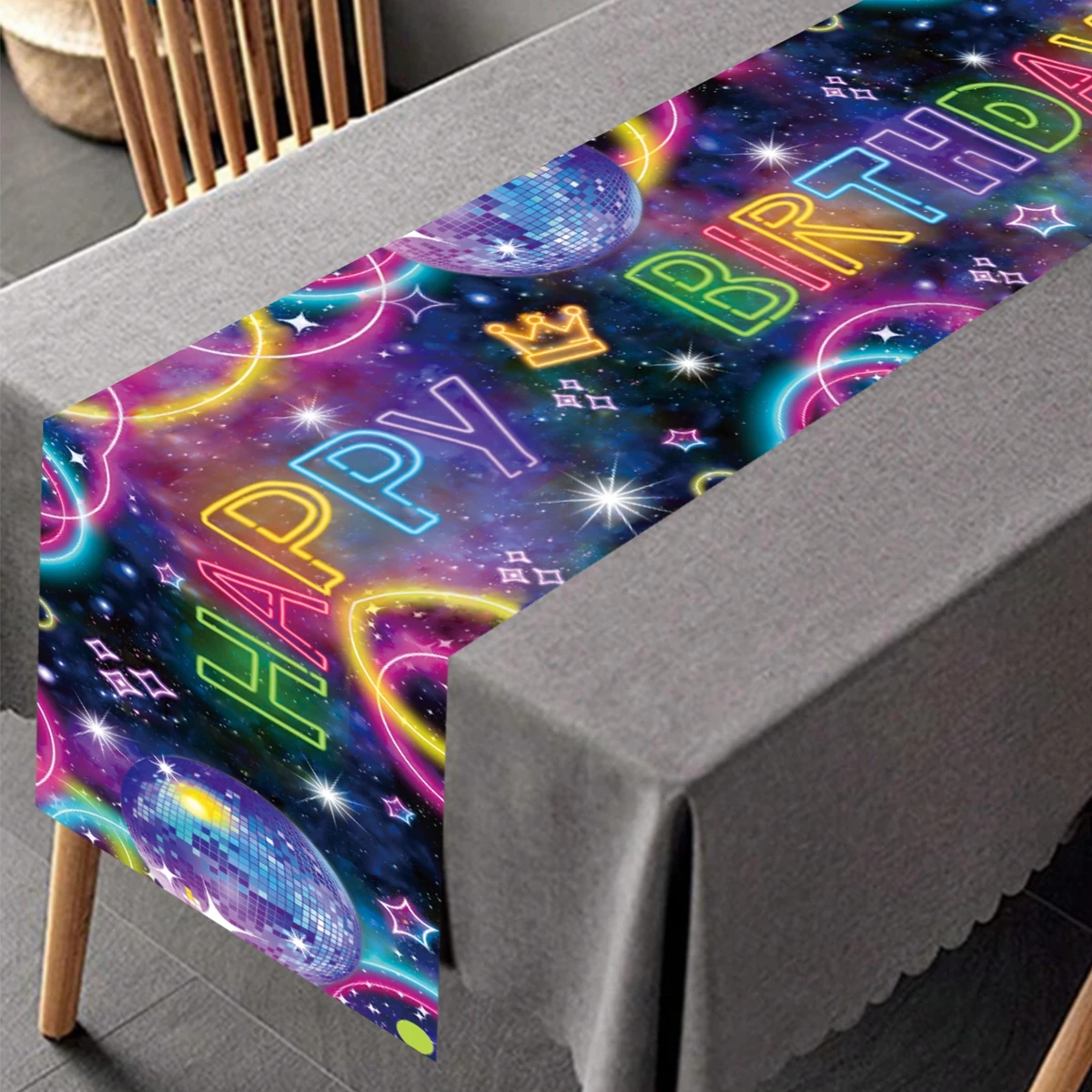 Happy birthday Neon light table runner Fluorescent Star design Linen eco-friendly birthday Party supplies Table decoration