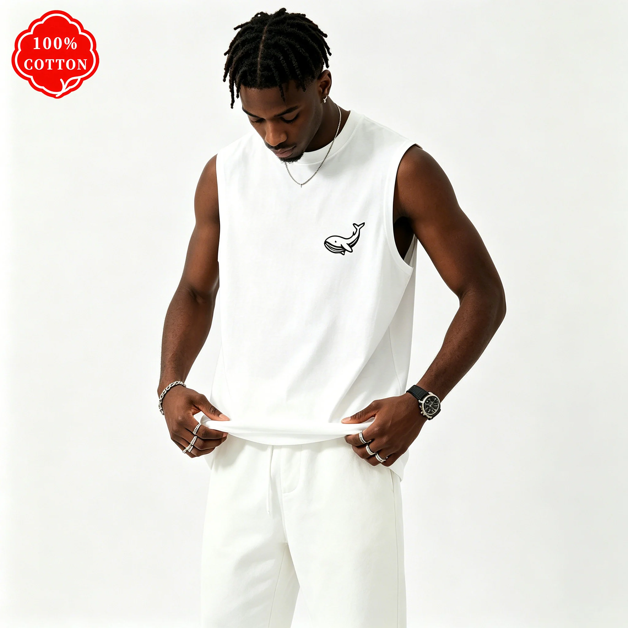 100% cotton men's summer sleeveless top Minimalist Whale Print Crew Neck Tank Top Fitness  Basic Sleeveless T-shirt-H26