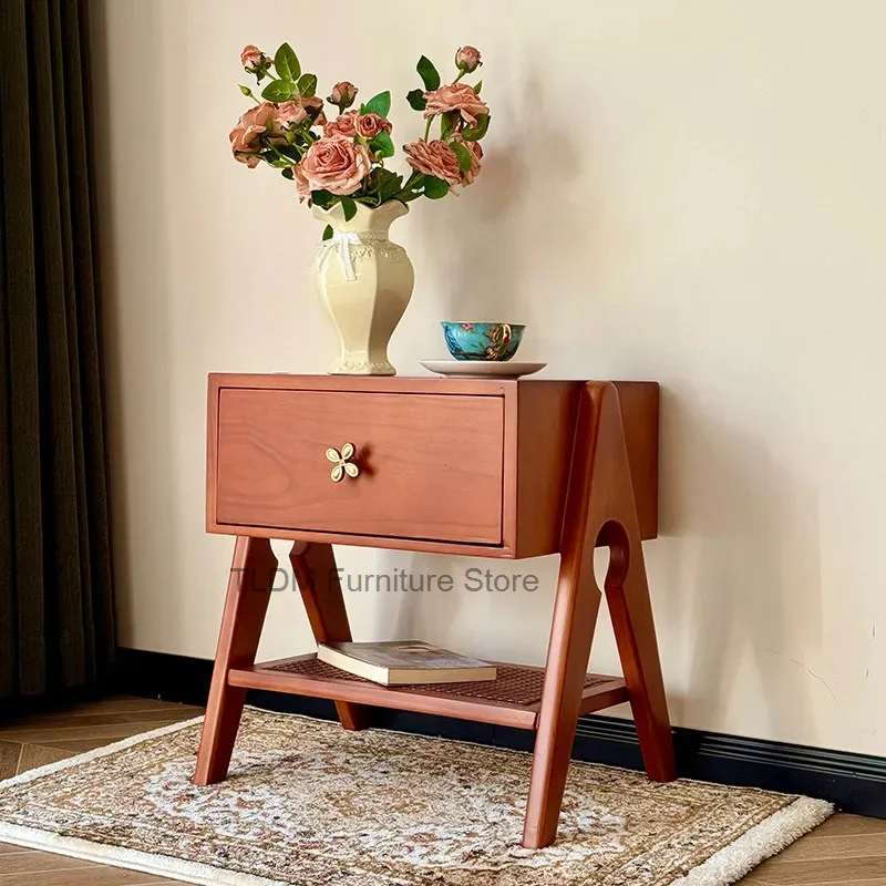 Wood Nightstand Single Drawer Flower Shape Knob Woven Lower Storage Shelf Triangle Cutout Leg Retro Bedside Table for Bedroom