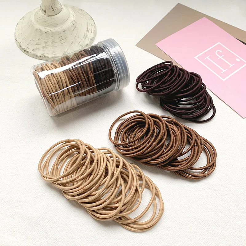 100pcs/box Coffee Color 2mm Thin Hair Ties For Women\'s Basic Ponytail & Braids, Suitable For Daily, Outdoor, Casual & Sports Occ