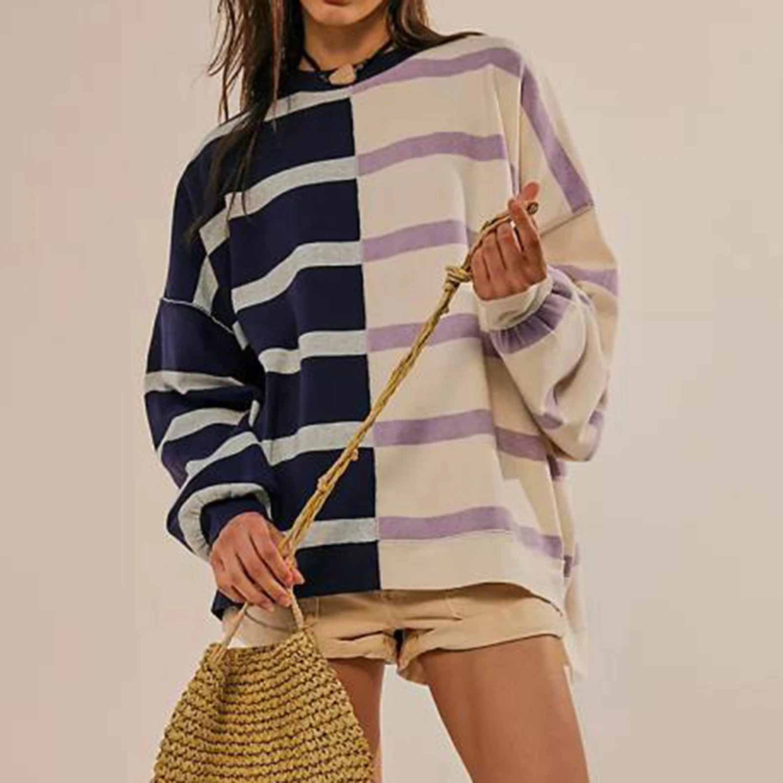

Women's Fall Oversized Pullover Tops Fashion Stripe Print Patchwork Long Sleeve Round Neck Casual Sweatshirt