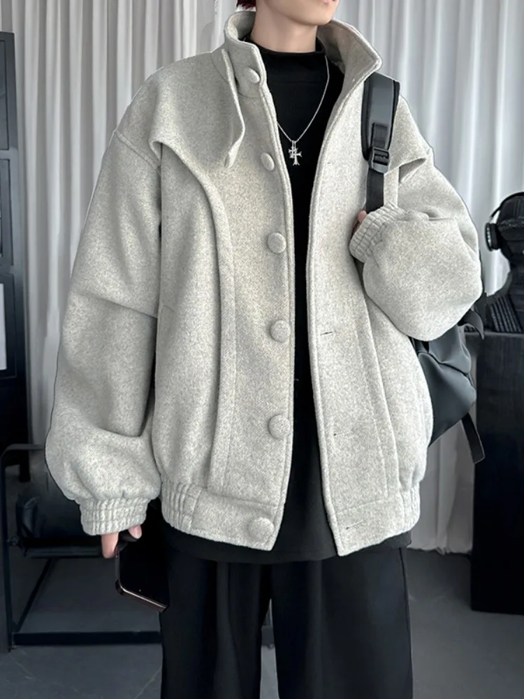 

American Retro Woolen Jaet Men's Autumn Winter Thiened High-End ort Sle Stand Collar Korean Version Faionable Coat