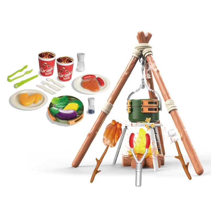 Simulado fogueira conjunto de acampamento fingir jogar cozinha brinquedo luz música aventura ao ar livre piquenique jogo interativo presente natal do miúdo