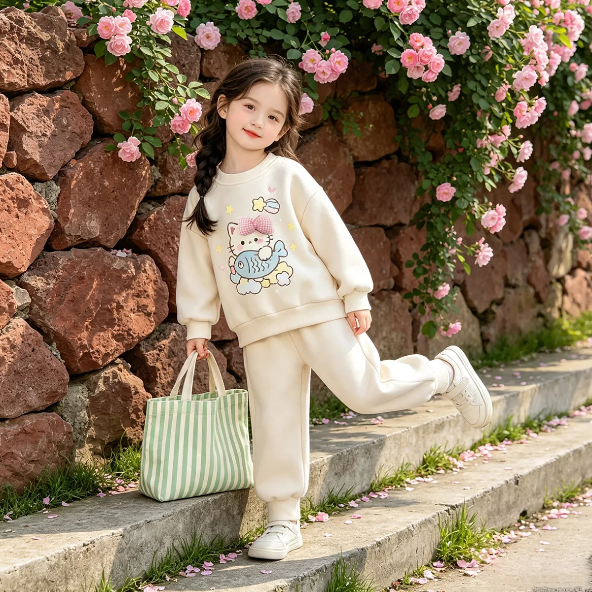 Mädchen-Cartoon-Katzen-Sweatshirt & Weitbein-Hosen-Set – Süßes koreanisches 2-teiliges Outfit für Kinder, lässige lockere Frühlings- und Herbstkleidung – Detail 2