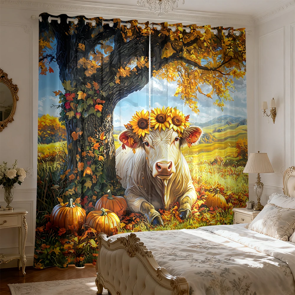 2pcs Sunflower Wreath Cow Fall Pumpkin Landscape 90+ Size Blackout Decoration Living Room Bedroom Easy Installation