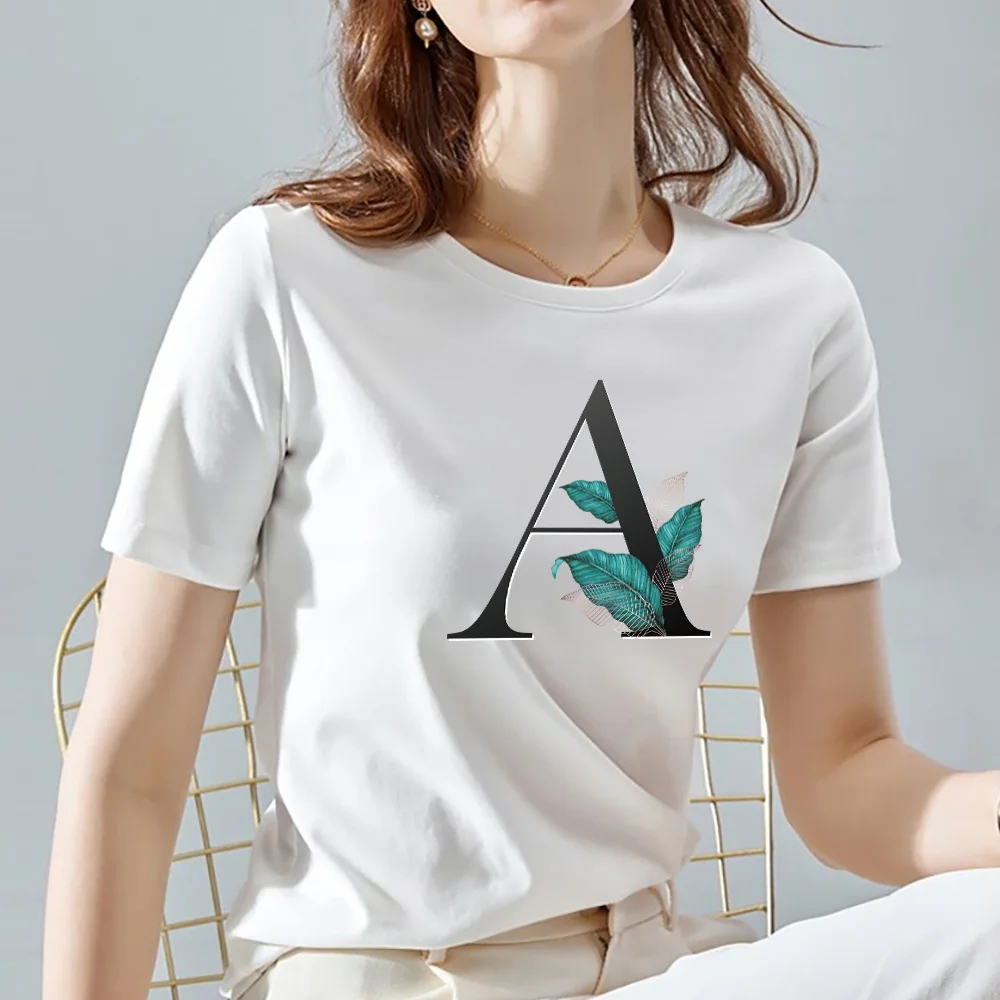 Women's Leaf 26 Letter Print Series T-shirt Fashion White Cute Cartoon  Top Ladies Casual Round Neck Slim Short Sleeve