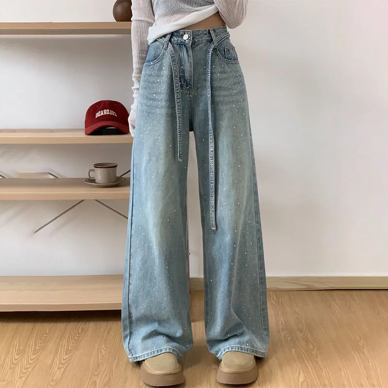 

Large-sized Ironed Wide-leg Jeans Women, New Spring/Summer 2025 High-waisted Drawstring Straight-leg Pants Female Denim Trousers