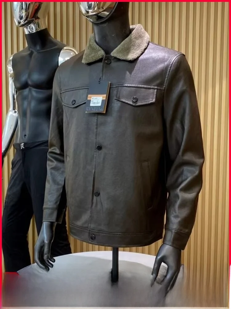 

Thiened Fce Lined Biker Jaet, повседневное мужское кожаное пальто с воротником, теплое молодежное пальто со стойкой, длинное свековое зимнее пальто...