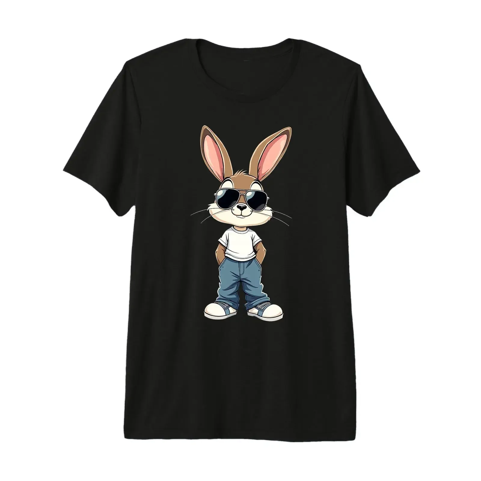 Camiseta Premium con Estampado Vintage Lavado de Hase Mit Sonnenbrille Und Jeans, Elástica, Versátil, Suave, Unisex, para Uso Diario