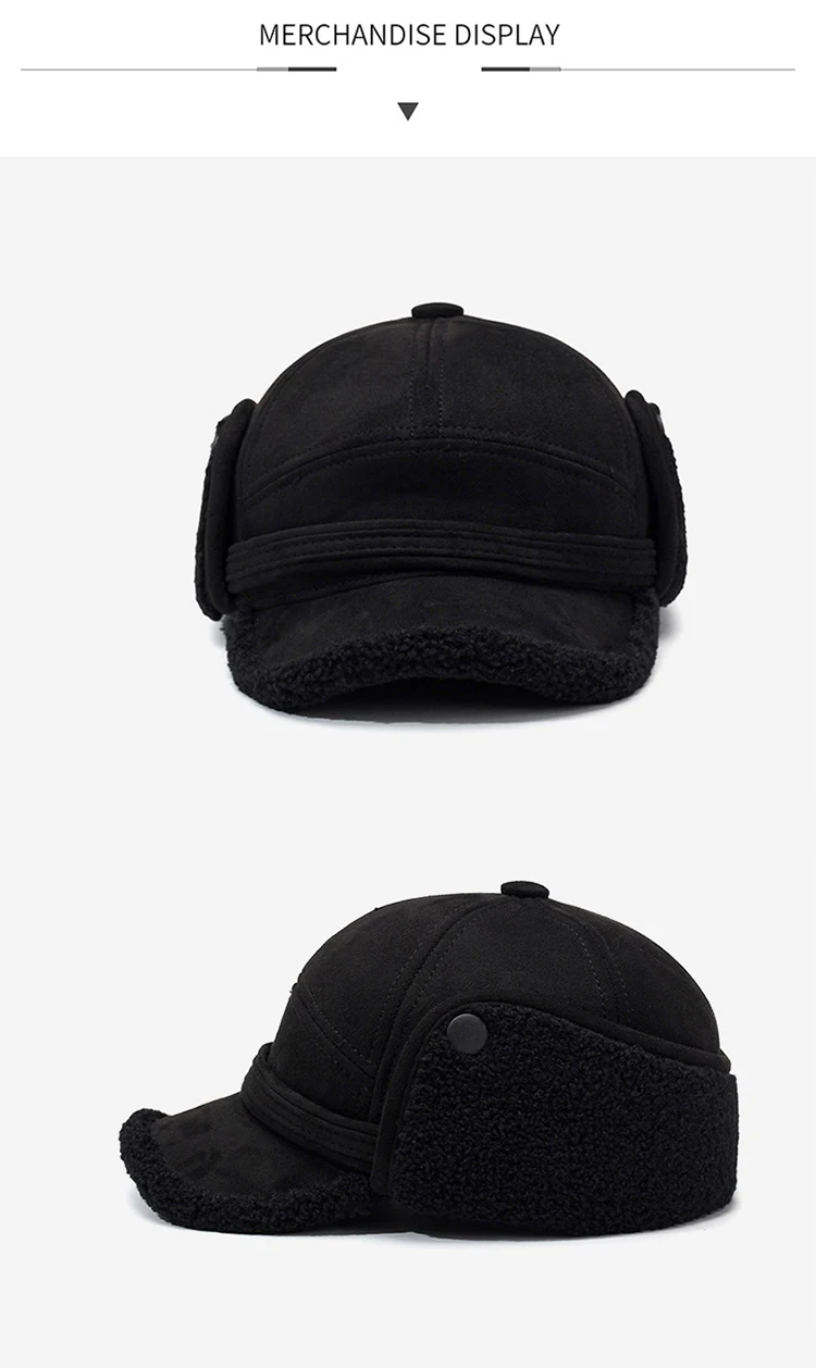 FS Vintage Black Brown Winter Baseball Cap For Men Thick Plush Bomber Hats Outdoor Windproof Women Earflap Hat Bone Masculino