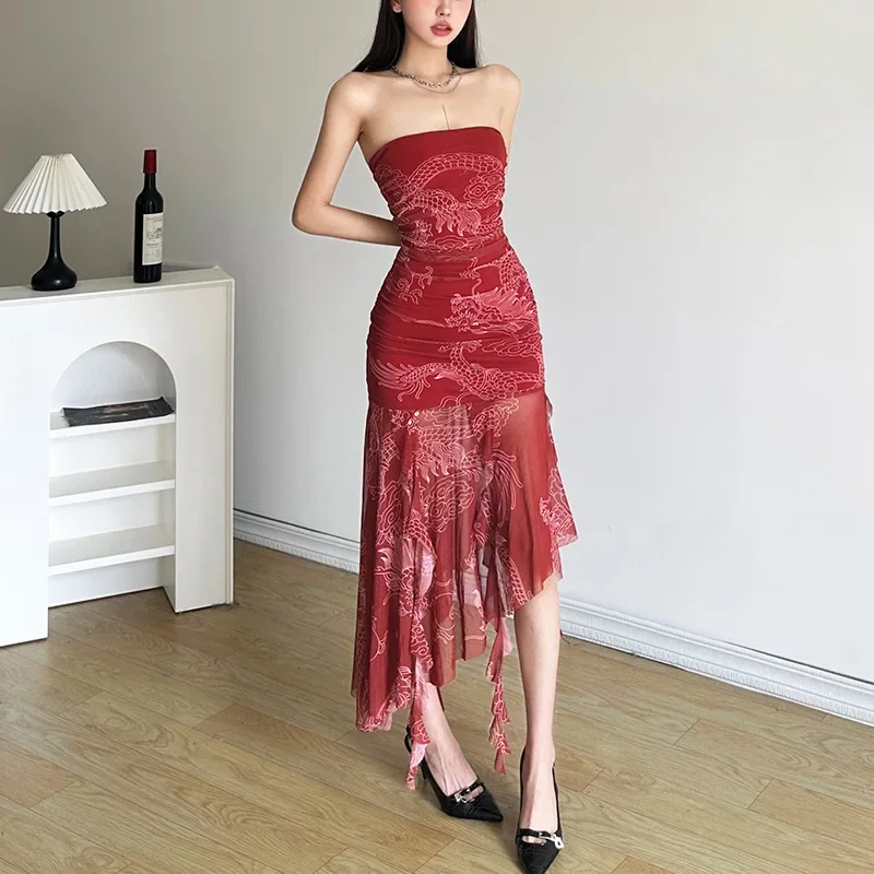 

A Line Collar Elegant Women Trend Birthday Clubwear A Line Party Chinese Style Ruffles Print Clothes Fashion Off Shoulder Dress