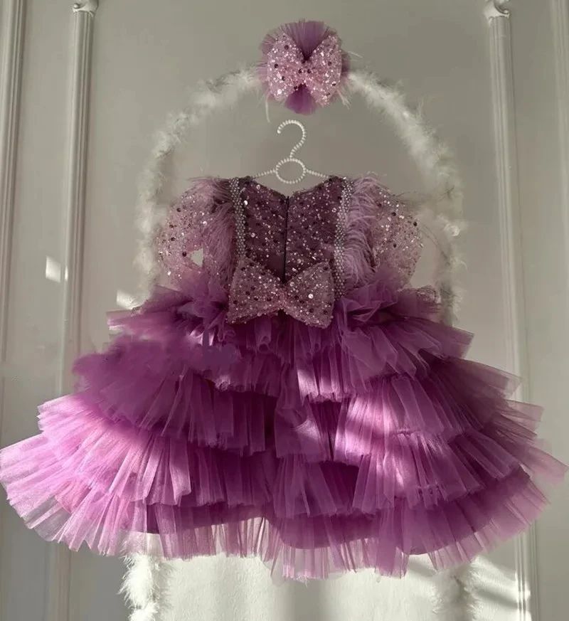 Puffy Tiered Flower Girl Dress Tulle Sequin Long Sleeve Knee Length Bow Pageant Ball Gown Feather Baby Kids Birthday Party Dress